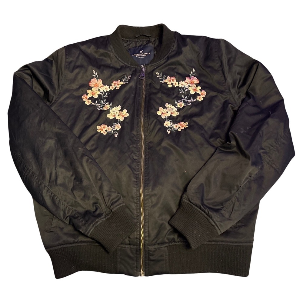American Eagle Womens Black Floral Embroidered Bomber Jacket Full Zip Size Large